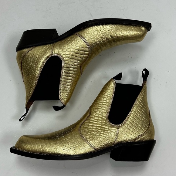 Free People Beau Western Ankle Chelsea Boot Embossed Gold Leather - Picture 3 of 14